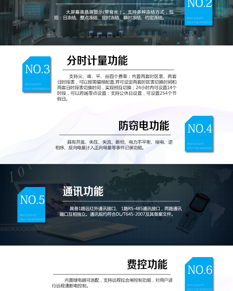 海興DDS208單相電子式電能表主要功能
　　計量功能
　　支持正反向有功、四象限無功電能、組合無功電能，支持正反向有功最大需量、四象限無功最大需量、組合無功最大需量，支持多費率計量。
　　分時計量功能
　　支持尖、峰、平、谷四個費率;內(nèi)置兩套時區(qū)表、兩套日時段表，可以按需編程配置,并可設定兩套時區(qū)表切換時間和兩套日時段表切換時間，實現(xiàn)相互切換;24小時內(nèi)可設置14個時段，可以跨越零點設置;支持公休日設置，可設置254個節(jié)假日。
　　測量功能
　　能測量電壓、電流、功率以及功率因數(shù)等電網(wǎng)參數(shù)，零線電流測量功能可選配。測量準確度高，可以達到1級以內(nèi)標準。
　　數(shù)據(jù)存儲功能
　　支持多種凍結(jié)方式，包括：日凍結(jié)、整點凍結(jié)、定時凍結(jié)、瞬時凍結(jié)、約定凍結(jié)。
　　事件記錄功能
　　分別記錄最近10次掉電、編程、校時、開表蓋、跳閘、合閘、事件清零、電表清零。
　　用戶交互界面
　　采用大屏幕液晶顯示，提供豐富的圖形或文字提示信息;顯示內(nèi)容可通過按鍵循環(huán)查詢，顯示項目可通過通信口按需配置;提供液晶背光，方便查看。支持停電喚醒功能，能通過按鍵或非接觸方式喚醒電能表，實現(xiàn)屏幕顯示抄讀電量和紅外通信口抄讀電量等數(shù)據(jù)。
　　通信功能
　　具備1路遠紅外通訊接口、 1路RS-485通訊接口，兩路通訊端口互相獨立。通訊規(guī)約符合DL/T645-2007及其備案文件。
　　費控功能
　　內(nèi)置繼電器可選配，支持遠程拉合閘控制功能，對用戶進行遠程通斷電控制。