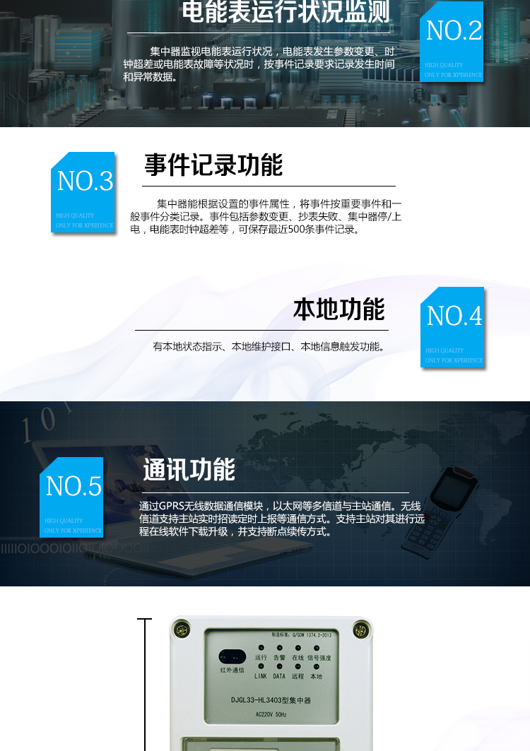 華立DJGL33-HL3403微型集中器主要功能
　　數(shù)據(jù)采集：能采集各電能表的實(shí)時(shí)電能示值、日零點(diǎn)凍結(jié)電能示值、抄表日零點(diǎn)凍結(jié)電能示值。帶有時(shí)標(biāo)。
　　數(shù)據(jù)管理和存儲(chǔ)：能按要求對(duì)采集數(shù)據(jù)進(jìn)行分類存儲(chǔ)，如日凍結(jié)數(shù)據(jù)、抄表日凍結(jié)數(shù)據(jù)、曲線數(shù)據(jù)、歷史月數(shù)據(jù)等。曲線凍結(jié)數(shù)據(jù)密度為1小時(shí)。集中器抄表數(shù)量最大為192只。集中器存儲(chǔ)容量為32M。
　　電能表運(yùn)行狀況監(jiān)測(cè)：集中器監(jiān)視電能表運(yùn)行狀況，電能表發(fā)生參數(shù)變更、時(shí)鐘超差或電能表故障等狀況時(shí)，按事件記錄要求記錄發(fā)生時(shí)間和異常數(shù)據(jù)。
　　參數(shù)設(shè)置和查詢功能：可主站遠(yuǎn)程或手持設(shè)備本地設(shè)置和查詢檔案、通信參數(shù)等，
　　事件記錄：集中器能根據(jù)設(shè)置的事件屬性，將事件按重要事件和一般事件分類記錄。事件包括參數(shù)變更、抄表失敗、集中器停/上電，電能表時(shí)鐘超差等，可保存最近500條事件記錄。
　　本地功能：有本地狀態(tài)指示、本地維護(hù)接口、本地信息觸發(fā)功能
　　通訊功能：通過GPRS無(wú)線數(shù)據(jù)通信模塊，以太網(wǎng)等多信道與主站通信。無(wú)線信道支持主站實(shí)時(shí)招讀、定時(shí)上報(bào)等通信方式。支持主站對(duì)其進(jìn)行遠(yuǎn)程在線軟件下載升級(jí)，并支持?jǐn)帱c(diǎn)續(xù)傳方式。