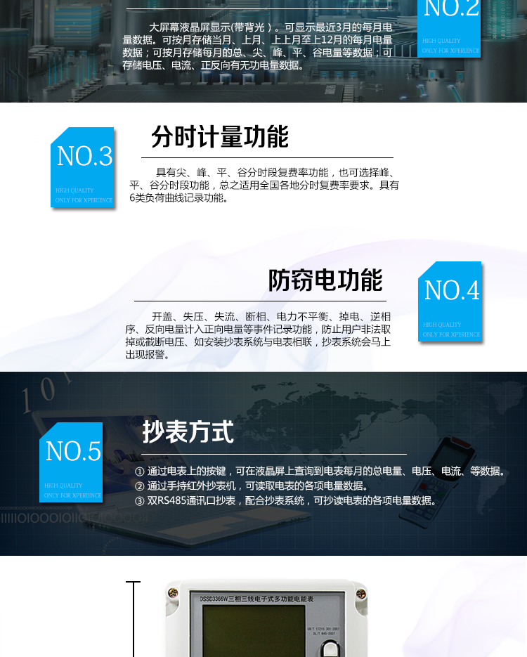 2、防竊電功能
① 開蓋記錄功能，防止非法更改電路。
② 電壓合格率、失壓記錄功能，防止用戶非法取掉或截斷電壓接線，如已發(fā)生，可通過記錄的時間核算所損失的電量，為追補電量提供依據。
③ 失流、斷相記錄功能，防止用戶非法短接電流接線，如已發(fā)生，可通過記錄的時間核算所損失的電量，為追補電量提供依據。
④ 電流不平衡記錄：可警惕用戶在電表接線的前端截取電量。
⑤ 掉電記錄功能，防止用戶非法取下電表的工作電源，如已發(fā)生，可通過記錄的時間核算所損失的電量，為追補電量提供依據。
⑥ 反向電量計入正向電量，用戶如將電流線接反，電表照樣正向走字，不具有竊電作用。
⑦ 逆相序報警，用戶非法接線，電表會報警，除非把線接正確，否則一直報警。
以上情況如發(fā)出，電表會出現報警標志，如安裝抄表系統(tǒng)與電表相聯，抄表系統(tǒng)會馬上出現報警。