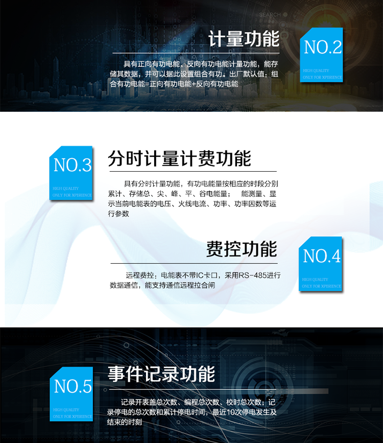 主要功能：
具有雙向分時(shí)計(jì)量、信息存儲(chǔ)及處理、測(cè)量及監(jiān)測(cè)、數(shù)據(jù)凍結(jié)、安全認(rèn)證、遠(yuǎn)程費(fèi)控、停電抄表等功能，記錄各類事件。
通訊方式：485通訊，紅外通訊，相互獨(dú)立。